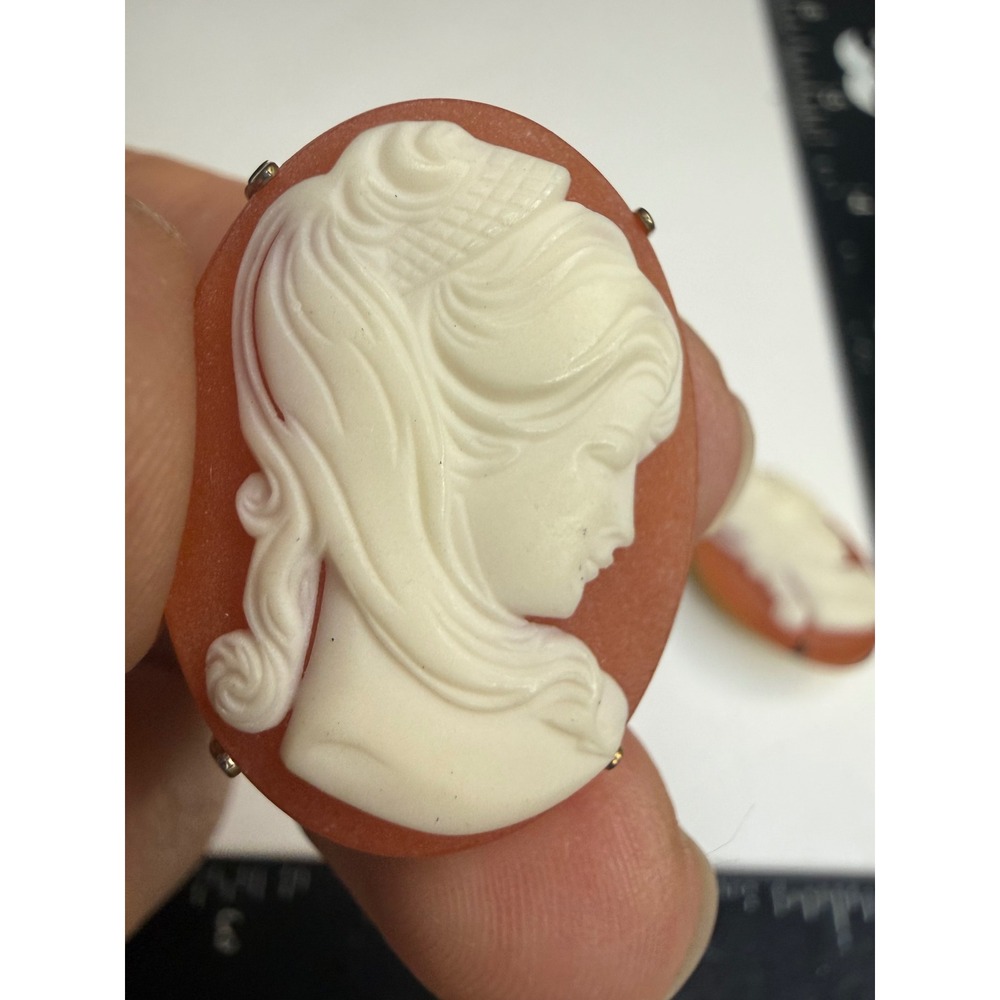 Vintage Cameo Clip On Earrings Gold Tone Orange White Portrait Oval Jewelry